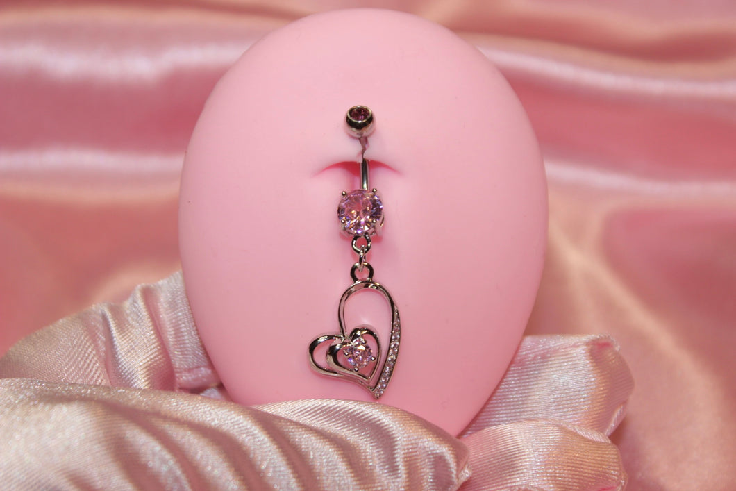 Pink Centered Double Heart Dangle Belly Ring