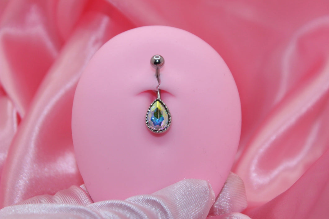 Holographic Tear Drop Glass Stone Belly Ring